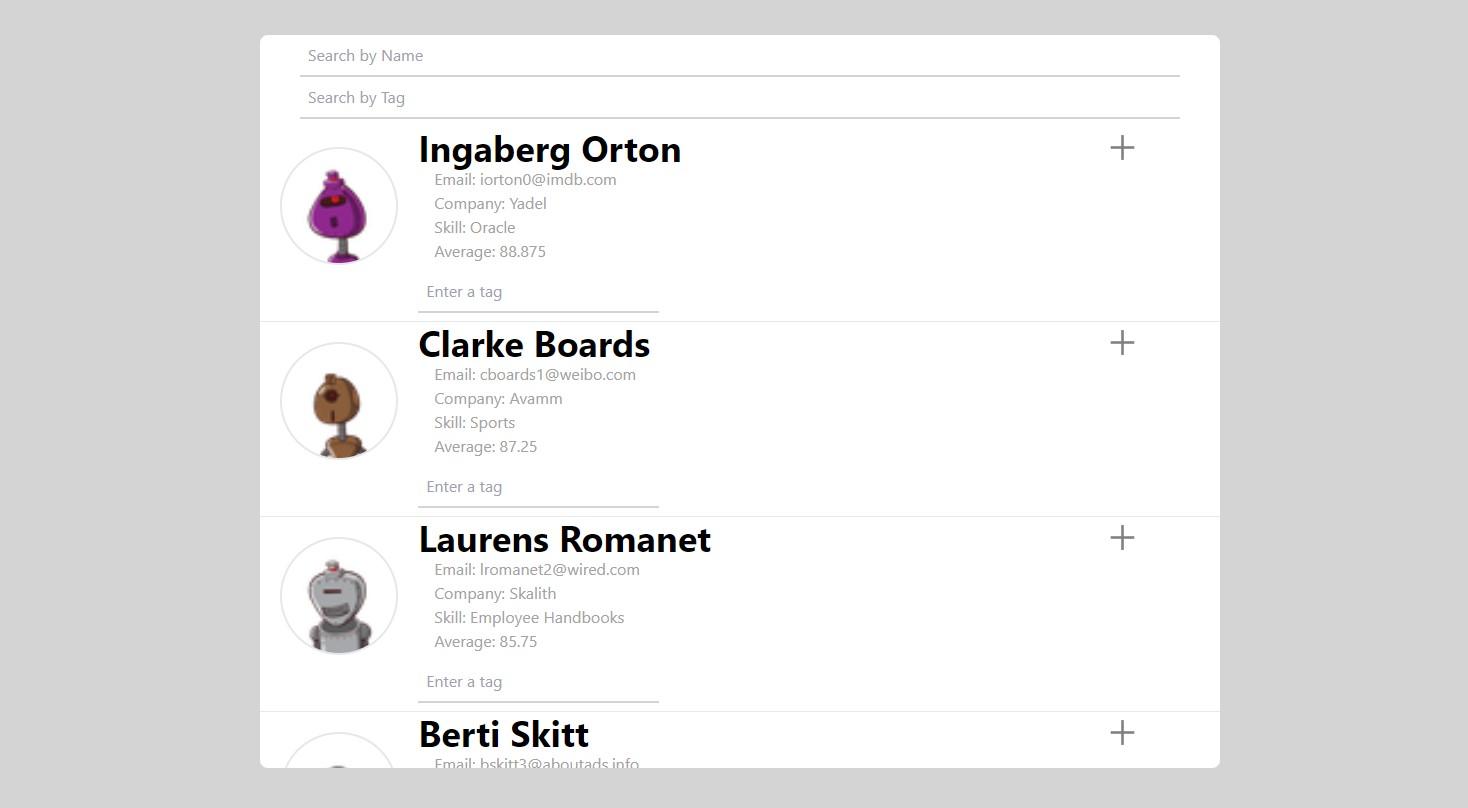 Displays a list of student profiles for a coding assessment