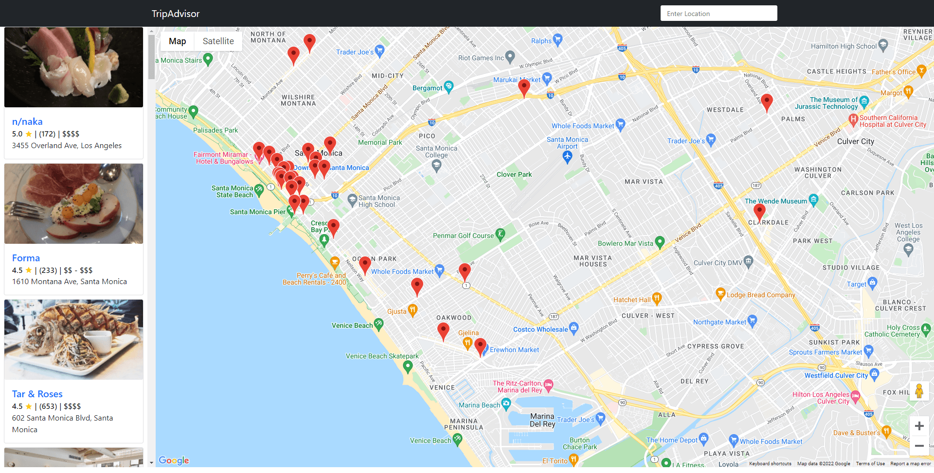 Displays all the restaurants visible through Google Maps using a third party API